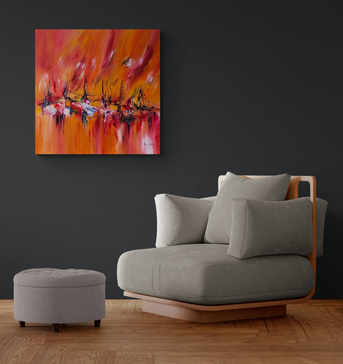 Warm red abstract painting displayed in a modern interior