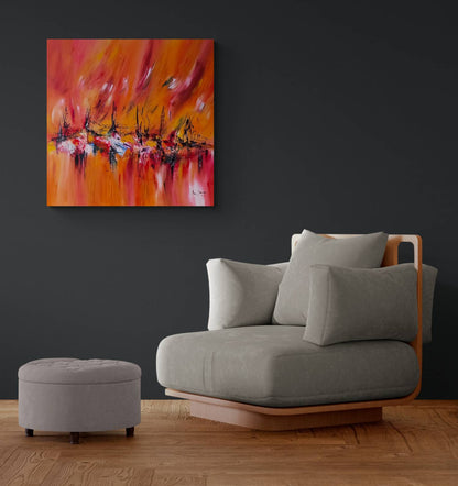Warm red abstract painting displayed in a modern interior
