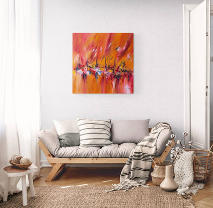 Warm red abstract painting displayed in a modern interior