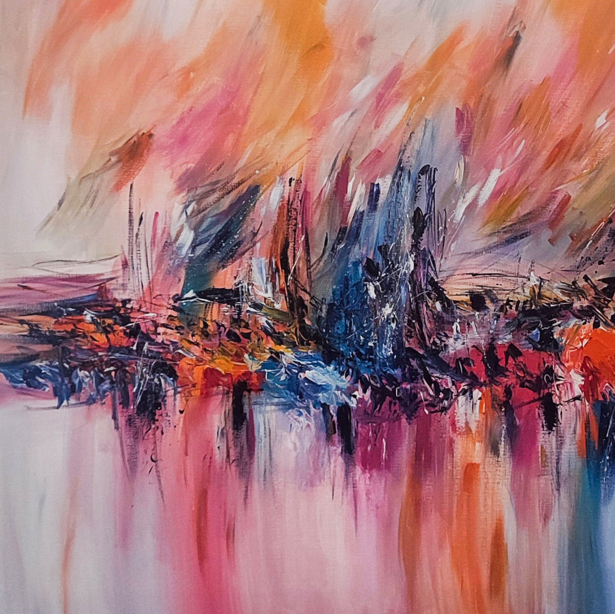 Feu sur la glace warm red orange and blue abstract painting by French artist Âme Sauvage