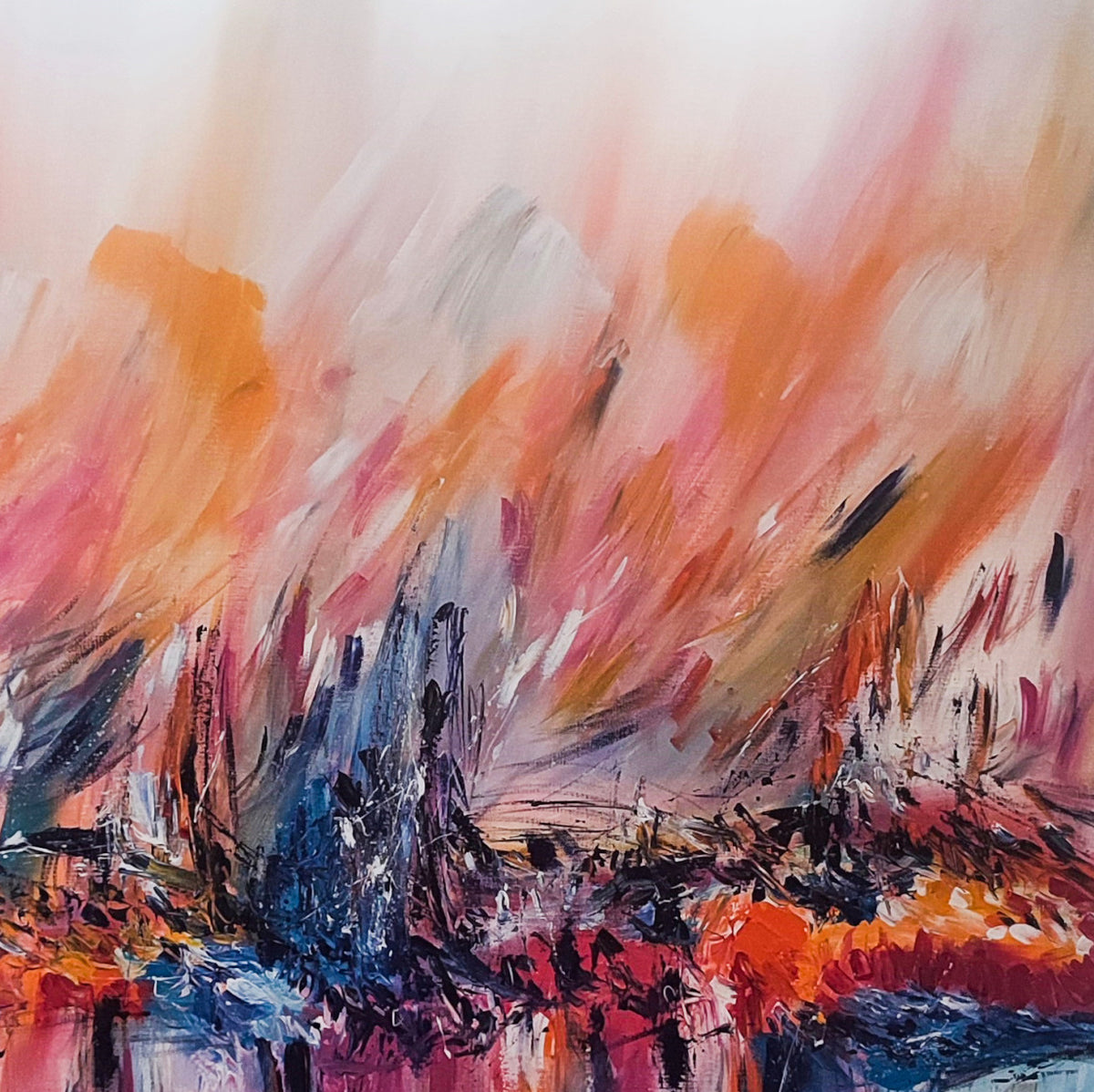 Feu sur la glace warm red orange and blue abstract painting by French artist Âme Sauvage