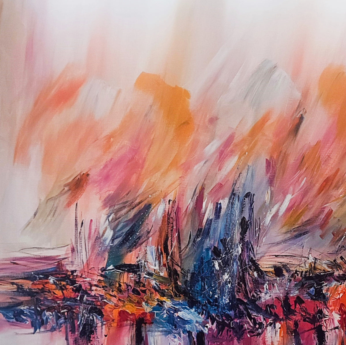 Feu sur la glace warm red orange and blue abstract painting by French artist Âme Sauvage