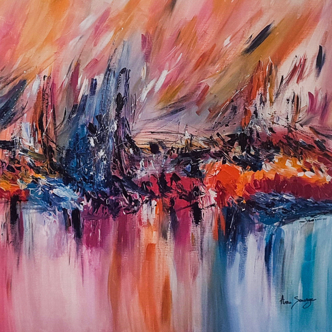 Feu sur la glace warm red orange and blue abstract painting by French artist Âme Sauvage