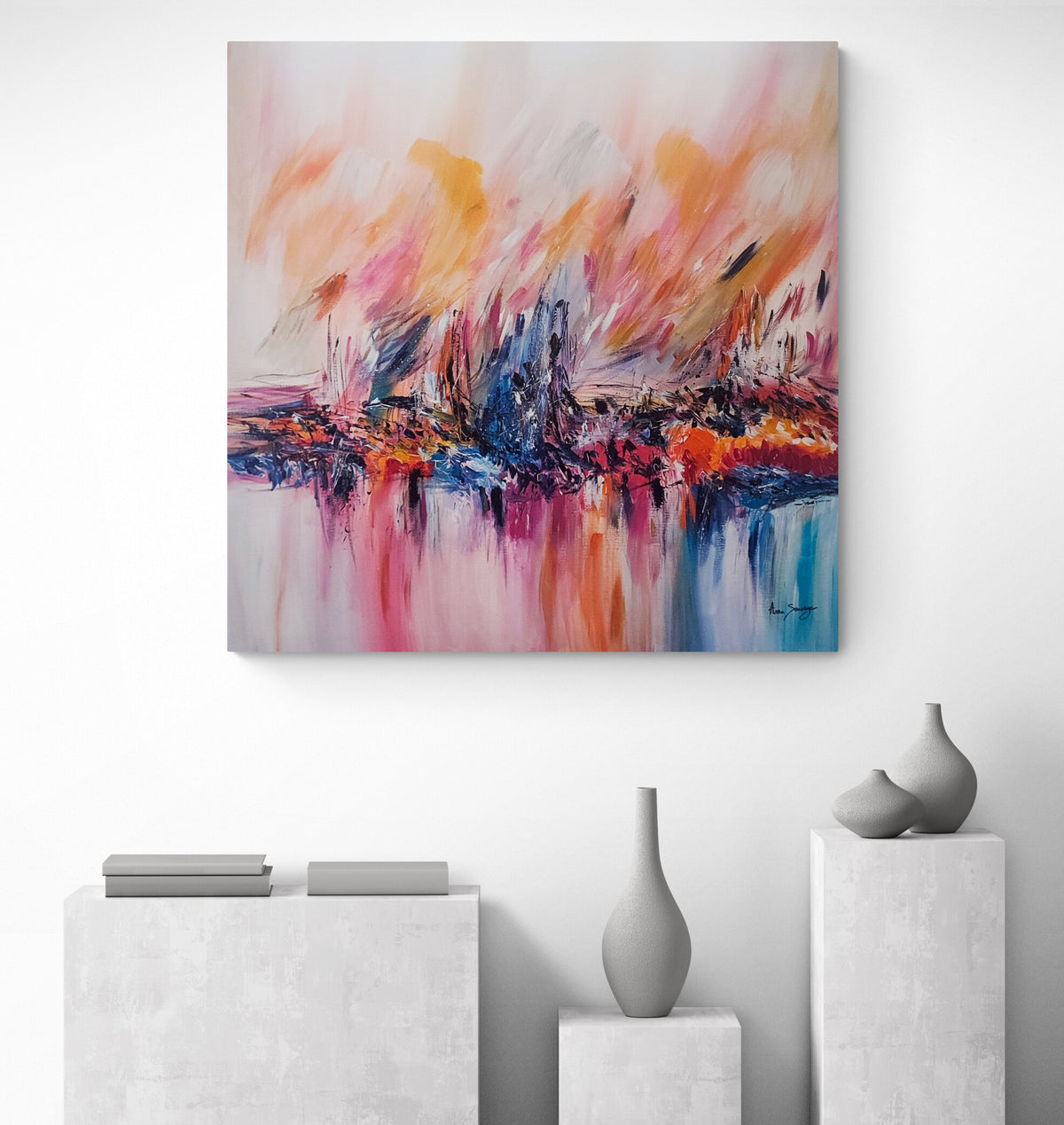 Feu sur la glace warm red orange and blue abstract painting by French artist Âme Sauvage