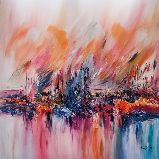 large warm red orange and blue abstract painting by French artist Âme Sauvage