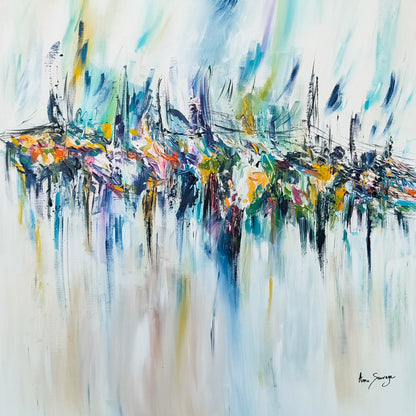 Detail of Rêve ou vision showing layered texture and expressive abstract painting