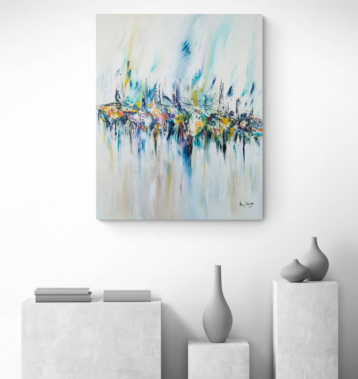 Rêve ou vision abstract landscape painting displayed in a contemporary interior