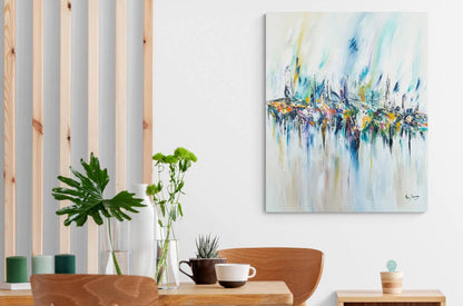 Rêve ou vision abstract landscape painting displayed in a contemporary interior