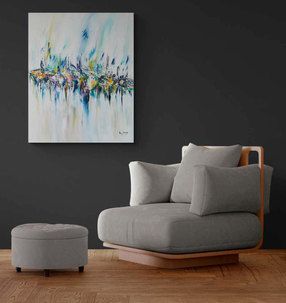 Rêve ou vision abstract landscape painting displayed in a contemporary interior