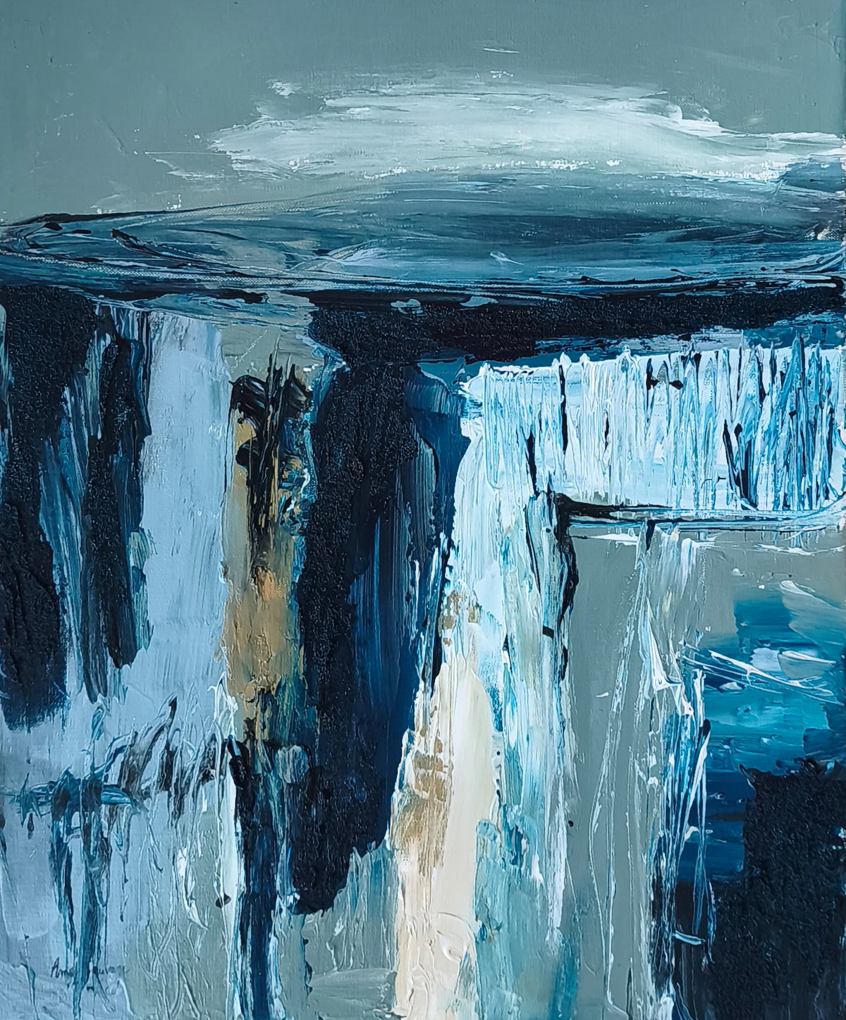 Scellé dans la glace – blue and sage green abstract painting by Âme Sauvage