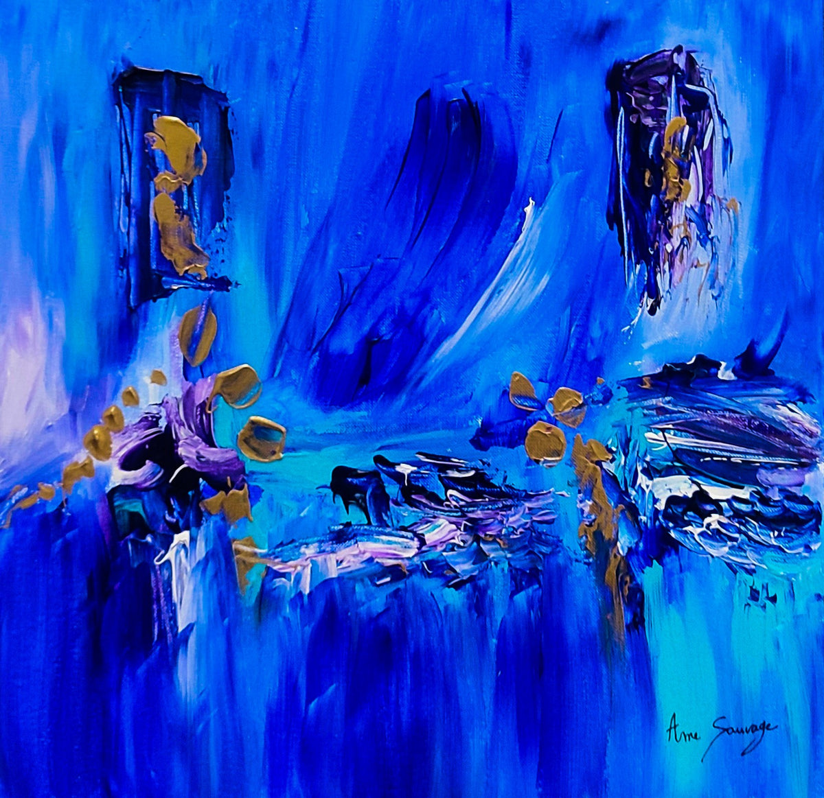 Small blue and gold abstract painting by French contemporary artist