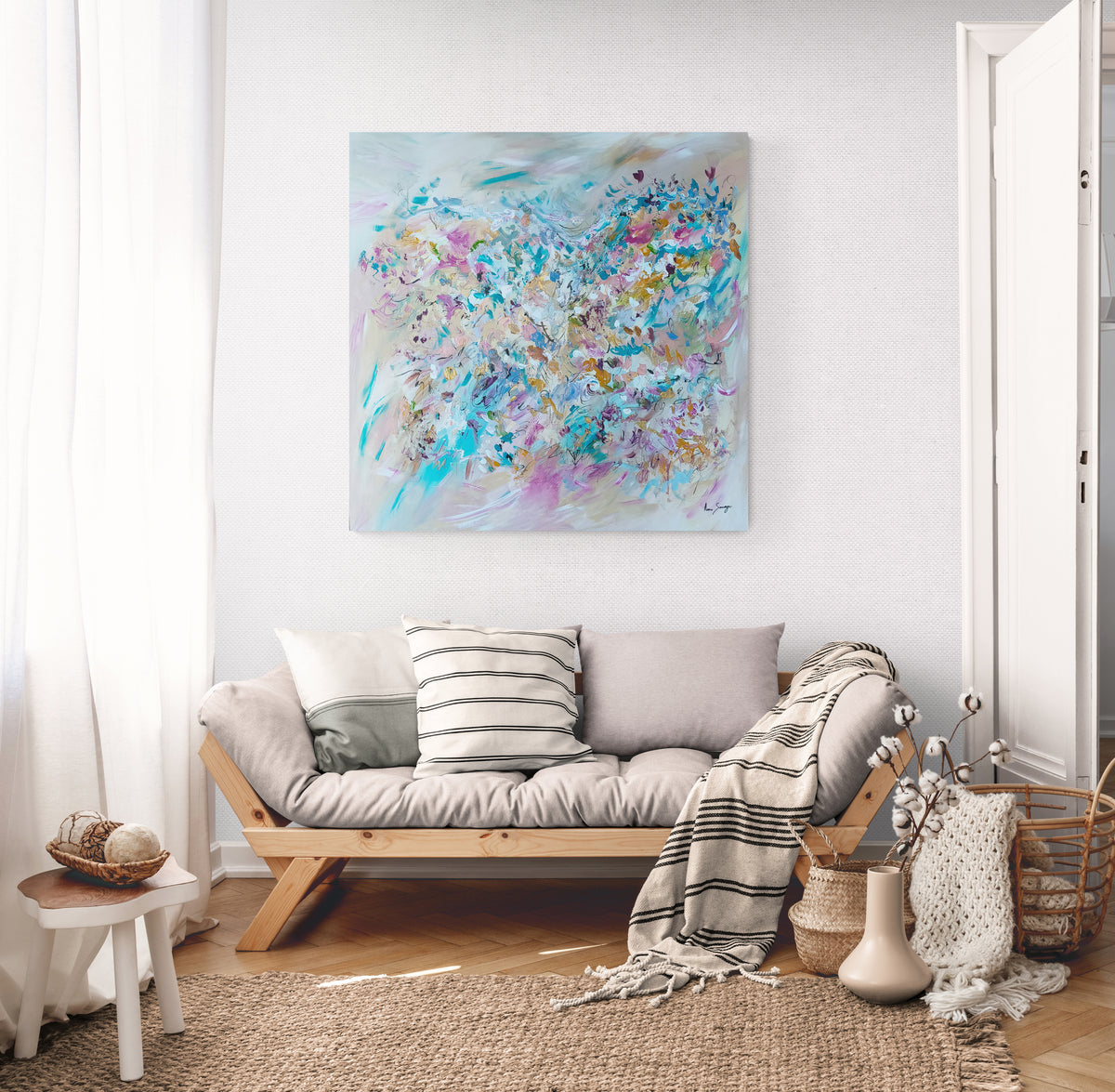 Large soft-colour abstract painting displayed above a modern living room sideboard