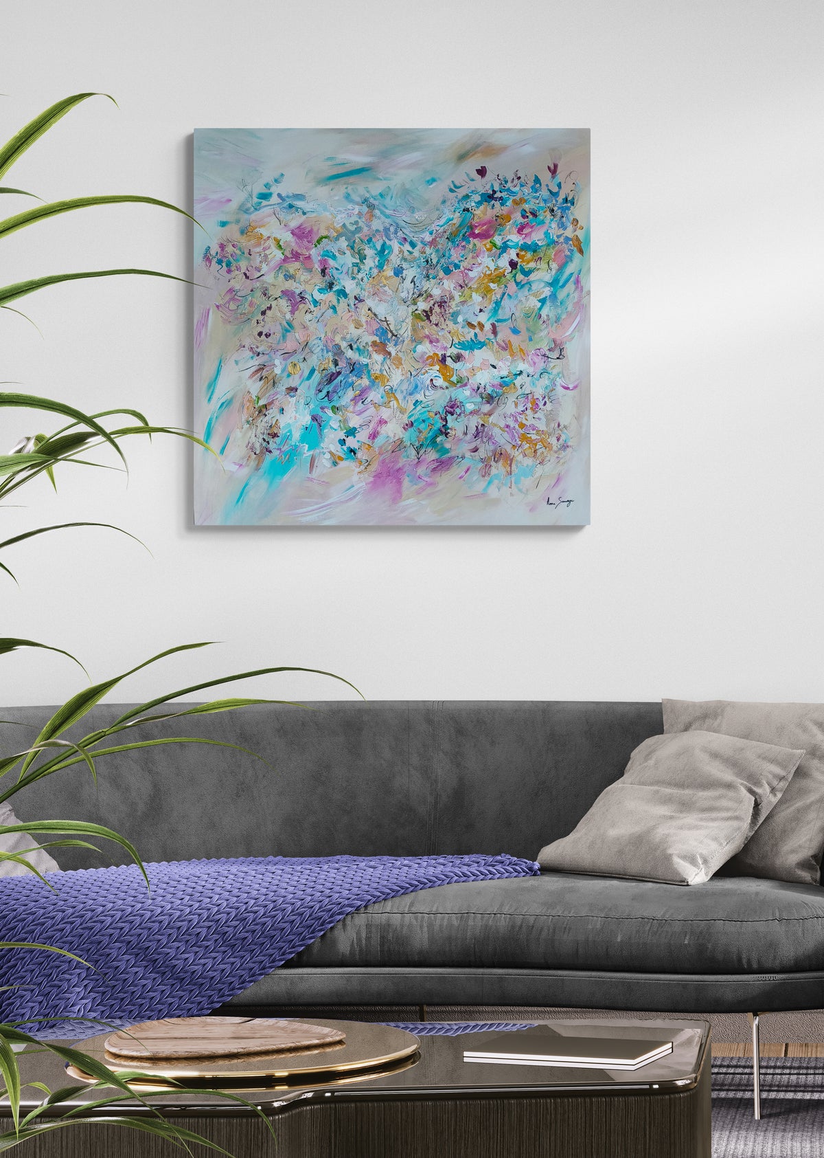 Large soft-colour abstract painting displayed above a modern living room sideboard