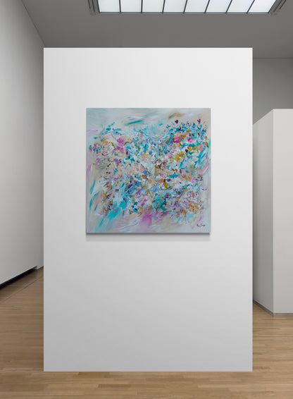 Large soft-colour abstract painting displayed above a modern living room sideboard