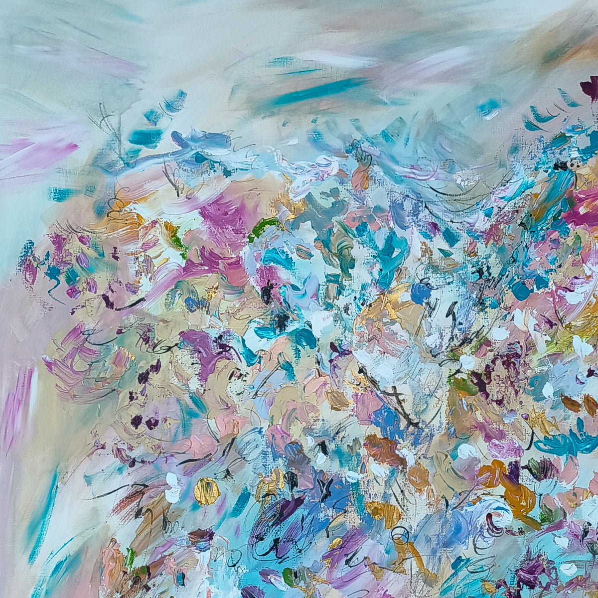 Close-up of contemporary abstract artwork in soft tones