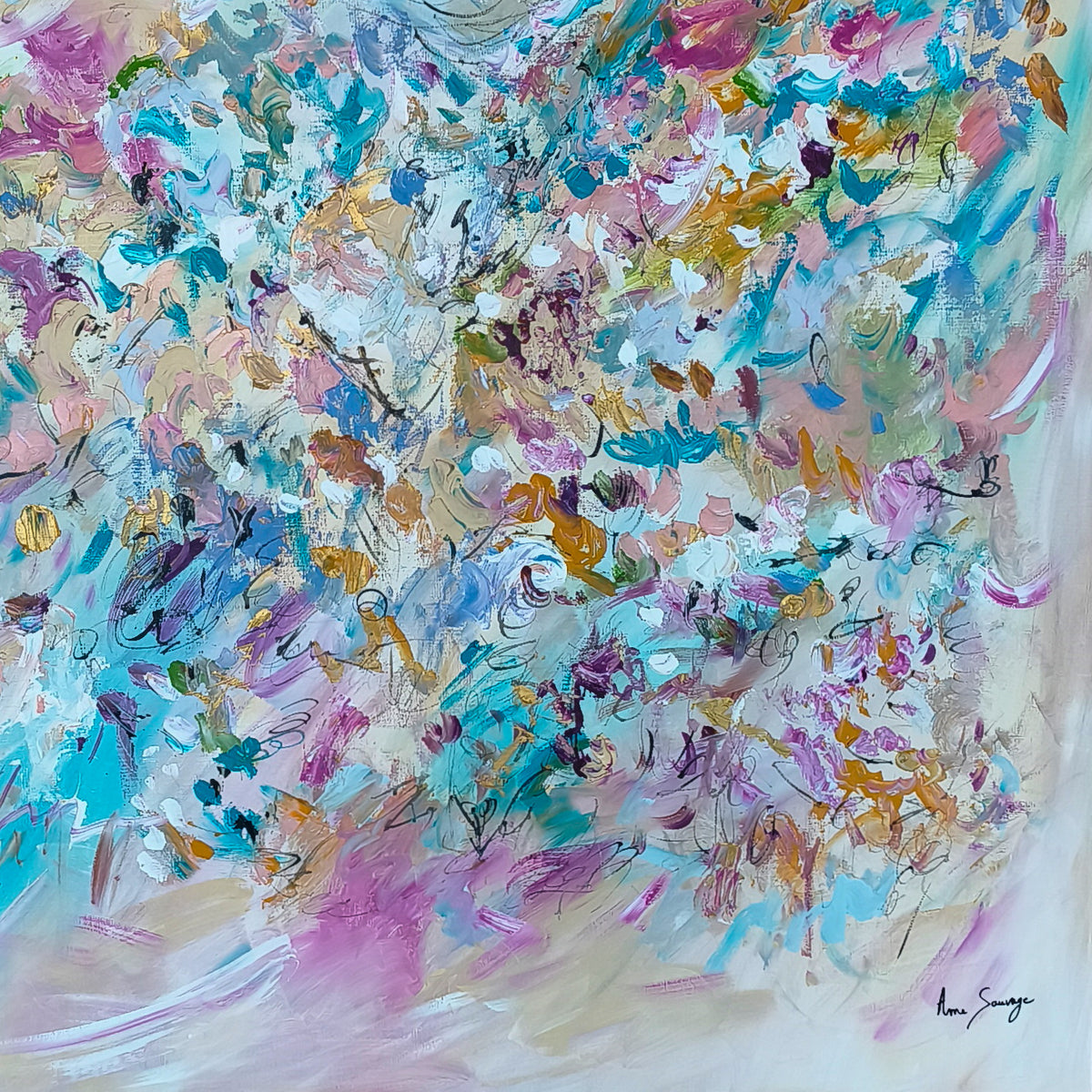 Close-up of contemporary abstract artwork in soft tones
