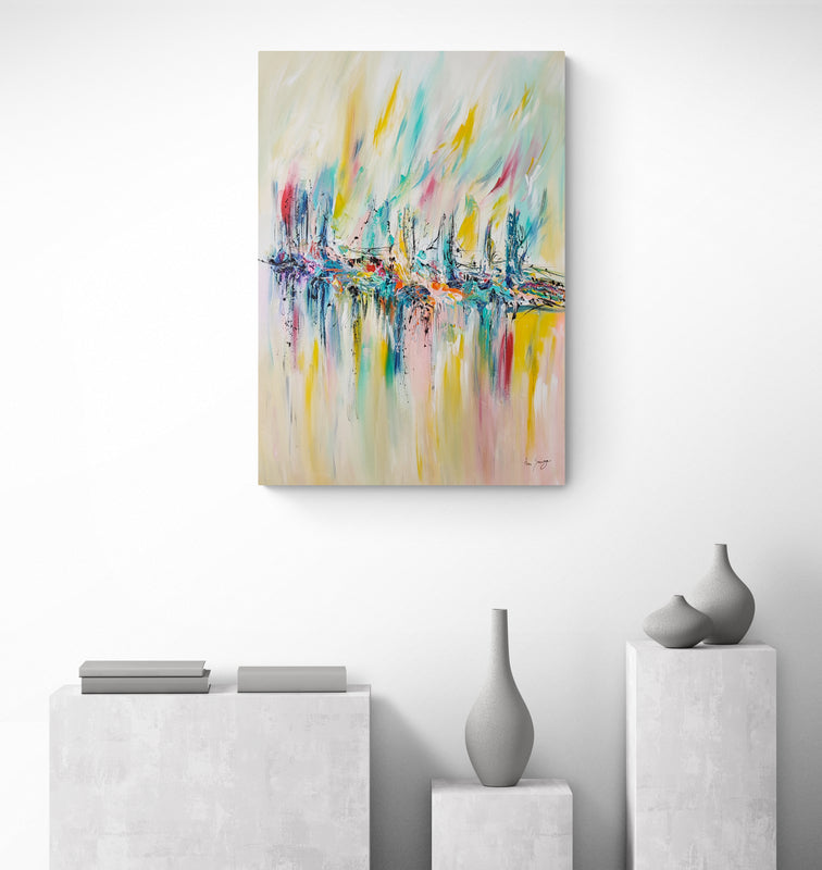 large vertical colourful original abstract painting on canvas by French artist Âme Sauvage