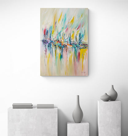large vertical colourful original abstract painting on canvas by French artist Âme Sauvage
