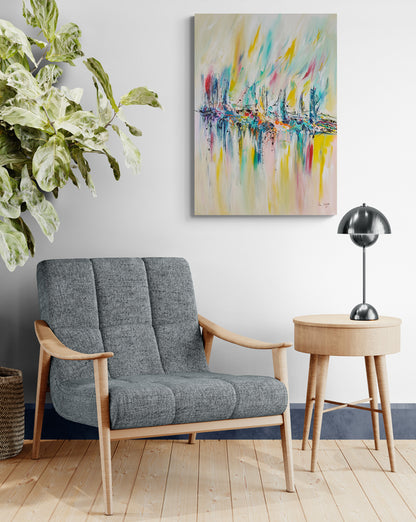 large vertical colourful original abstract painting on canvas by French artist Âme Sauvage