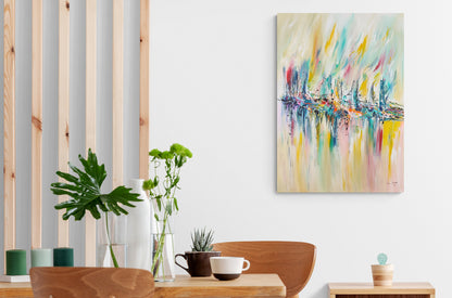 large vertical colourful original abstract painting on canvas by French artist Âme Sauvage