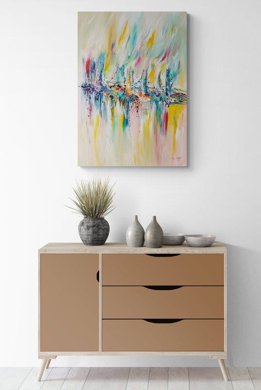 large vertical colourful original abstract painting on canvas by French artist Âme Sauvage