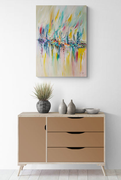 large vertical colourful original abstract painting on canvas by French artist Âme Sauvage