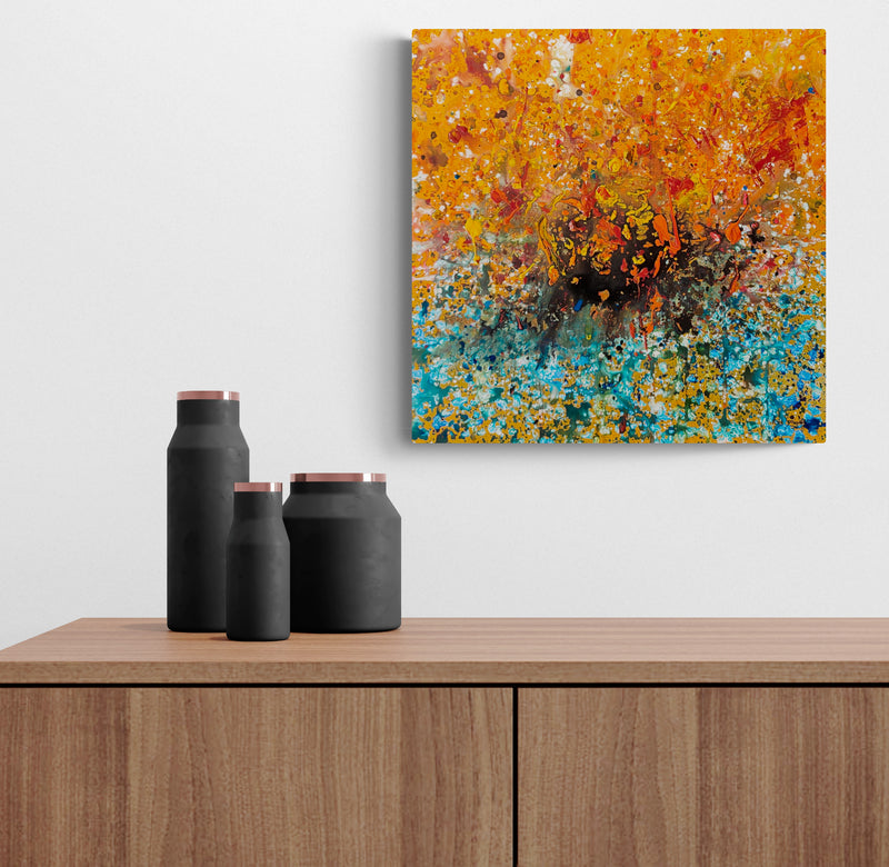 Original blue and orange abstract expressionist painting by French artist Âme Sauvage