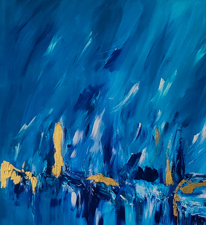 L'or des mers 2 – Blue and gold abstract painting with 24k gold leaf