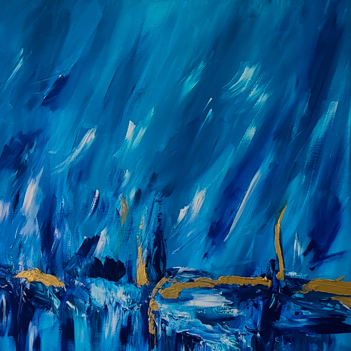 L'or des mers 2 – Blue and gold abstract painting with 24k gold leaf