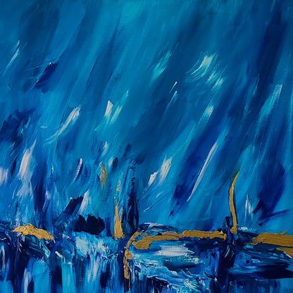 L'or des mers 2 – Blue and gold abstract painting with 24k gold leaf