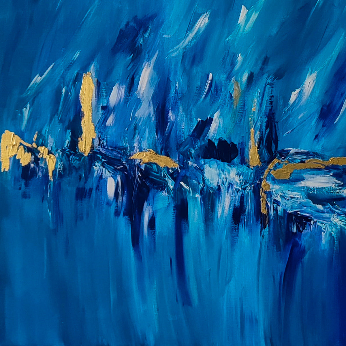 L'or des mers 2 – Blue and gold abstract painting with 24k gold leaf
