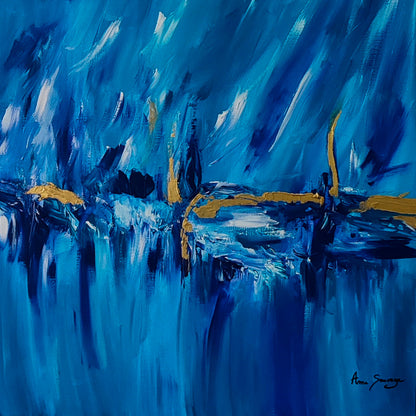 L'or des mers 2 – Blue and gold abstract painting with 24k gold leaf