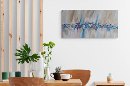 Textured beige and blue panoramic abstract painting with sand by French artist Âme Sauvage