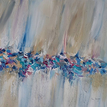Textured beige and blue abstract painting with sand by French artist Âme Sauvage