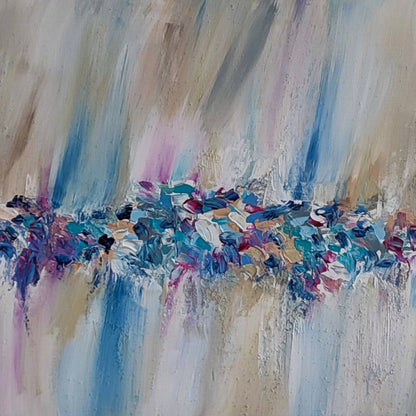 Textured beige and blue abstract painting with sand by French artist Âme Sauvage
