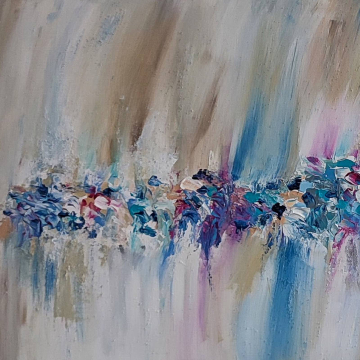 Textured beige and blue abstract painting with sand by French artist Âme Sauvage