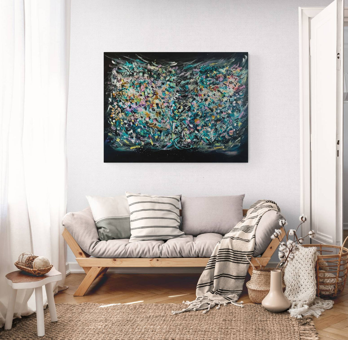 large textured abstract painting on black by French artist Âme Sauvage