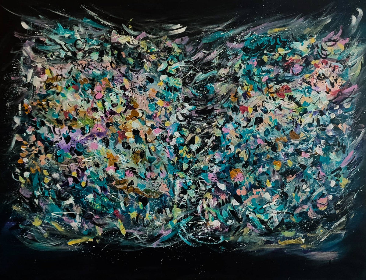 Un livre ouvert large textured abstract painting on black by French artist Âme Sauvage