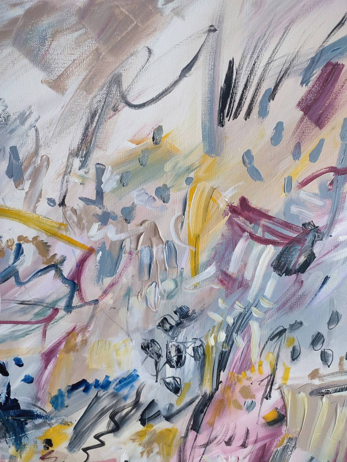 Detail of Un vent fort – grey and pink abstract painting by Âme Sauvage