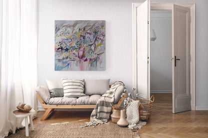 Un vent fort grey and pink artwork displayed in a modern interior