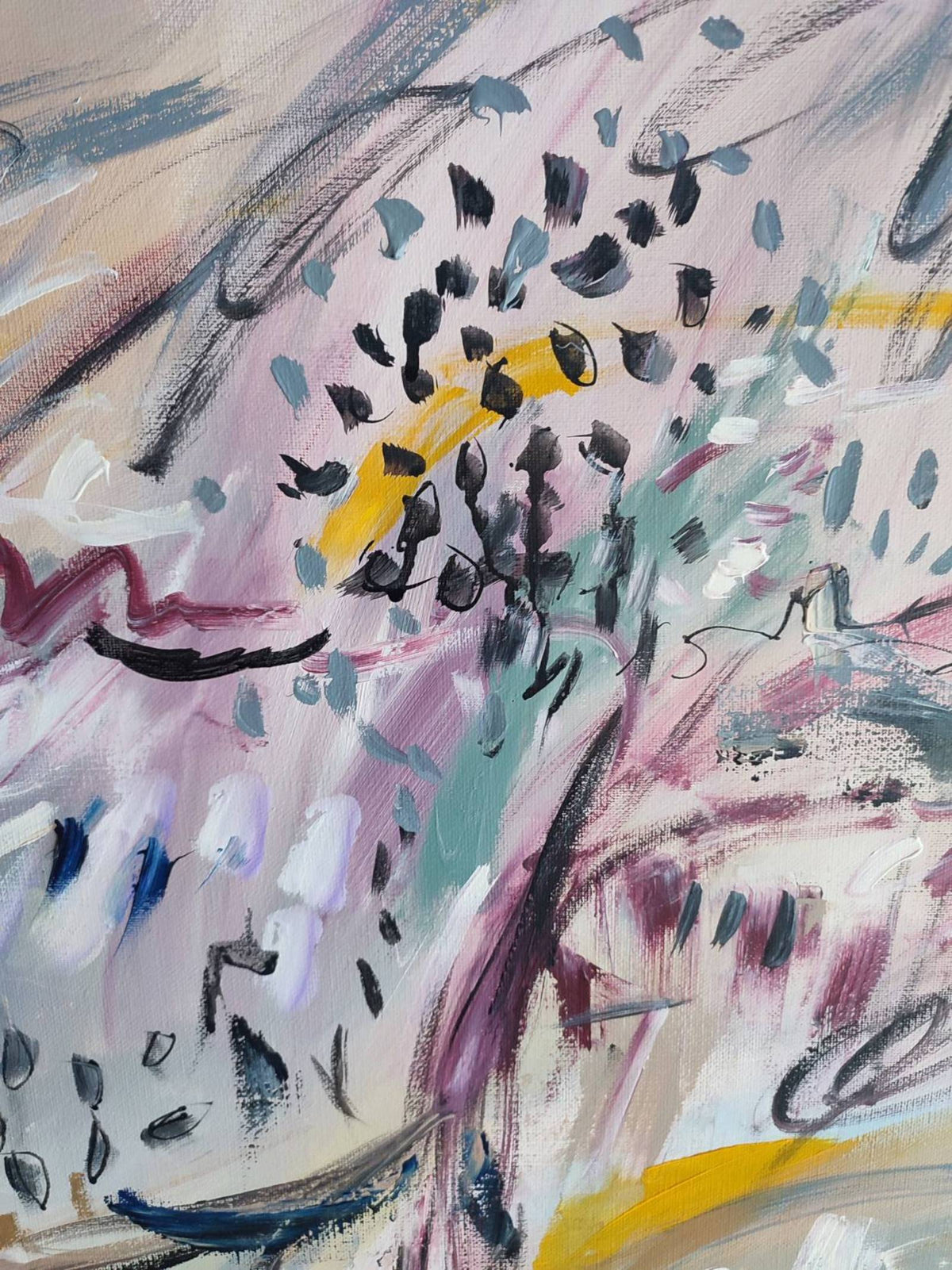 Detail of Un vent fort – grey and pink abstract painting by Âme Sauvage