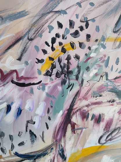 Detail of Un vent fort – grey and pink abstract painting by Âme Sauvage