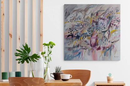 Un vent fort grey and pink abstract wall art in a contemporary interior