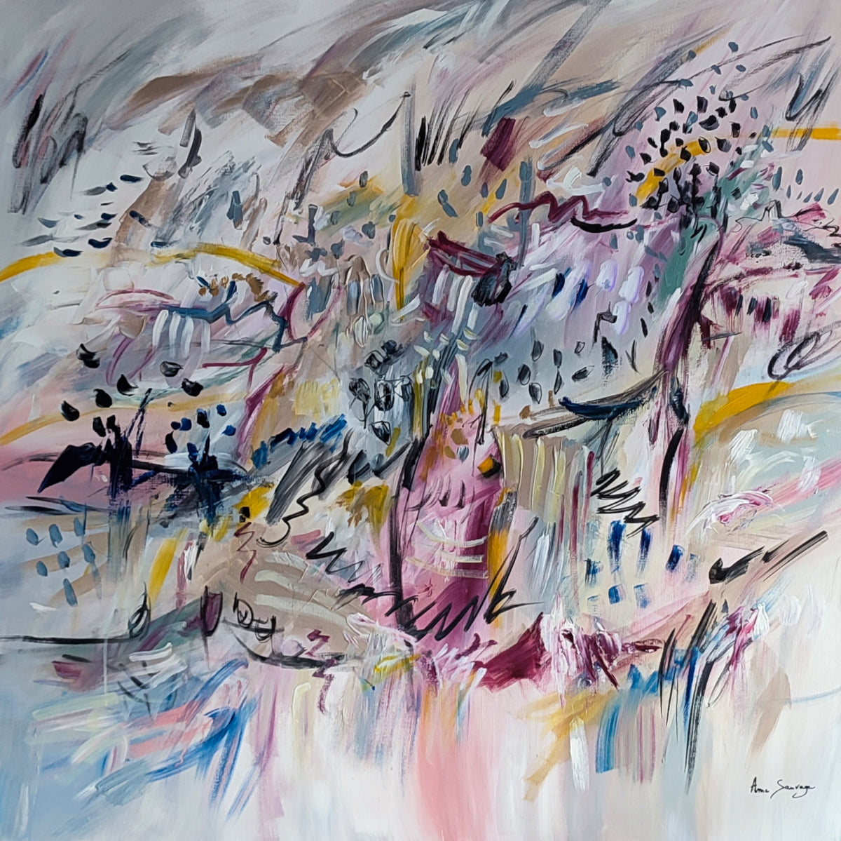 Un vent fort – large grey and pink abstract painting by Âme Sauvage