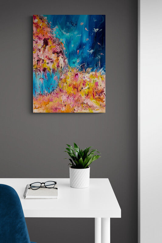 Vertical blue and orange abstract painting