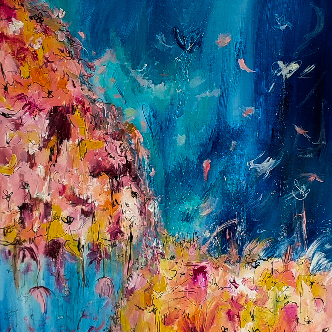 Vertical blue and orange abstract painting