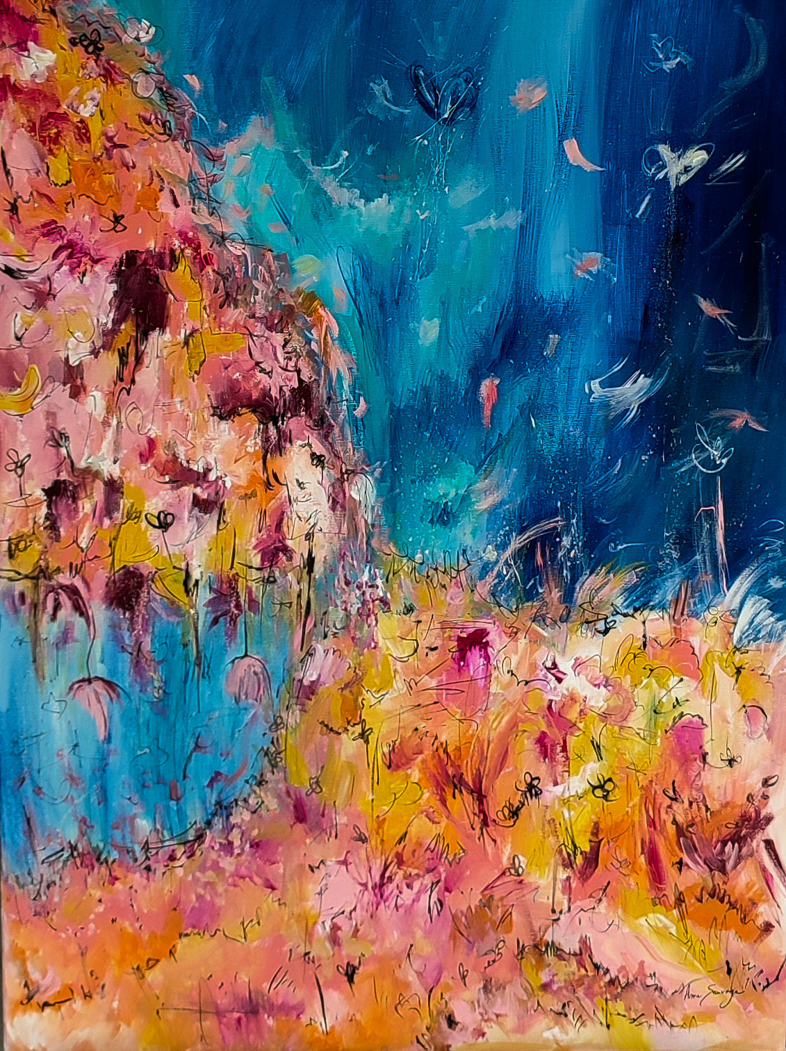Vertical blue and orange abstract painting