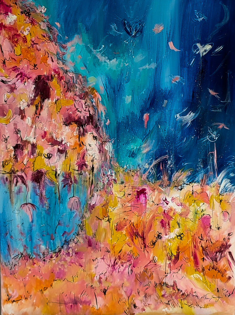Vertical blue and orange abstract painting
