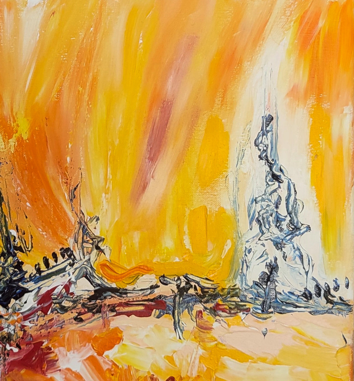 Detail of an original yellow abstract painting with expressive colour