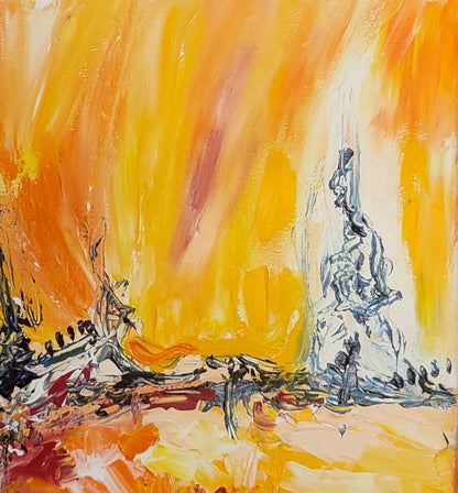 Detail of an original yellow abstract painting with expressive colour